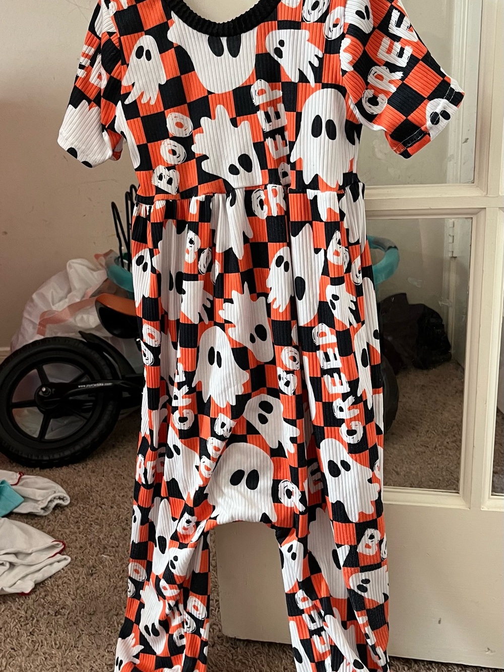 Halloween Ghost Checker Jumpsuit for Kids - Orange/Black/White
